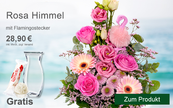 Etwas Besonderes: Strauß Rosa Himmel mit Flamingo-Stecker und 2 Gratis-Geschenken für 28,90€