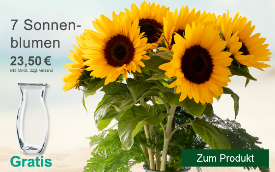 Ein super Angebot: 7 herrliche Sonnenblumen im Bund mit Gratis-Vase für 23,50€